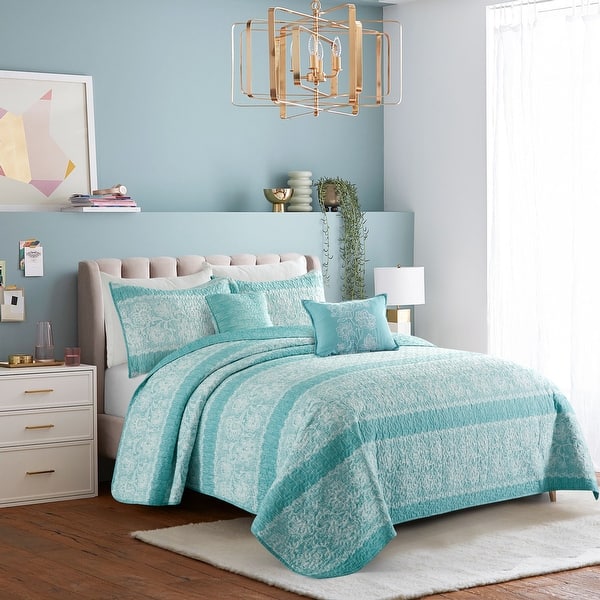 slide 2 of 10, Serenta Emma 5 Piece Printed Quilt Bedspread Coverlet Set Teal Aqua - California King