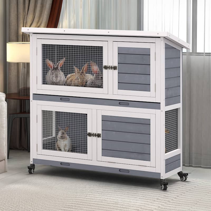 Moasis 41-inch 2-Tier Wooden Rabbit Hutch Bunny Cage with Removable Tray and Wheels