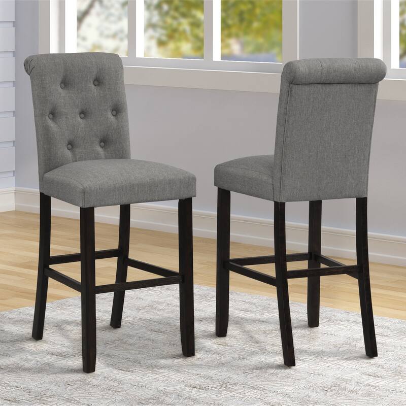 Tufted Button Bar Chair, Wooden High Chair, Upholstered Dining Chair, Bistro Chair, Counter Reception Chair (Set of 2) - Grey