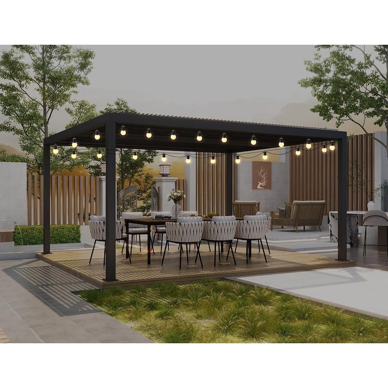 PURPLE LEAF Louvered Pergola with Solar Lights Hardtop Gazebo for Patio - 12' x 16' - Grey