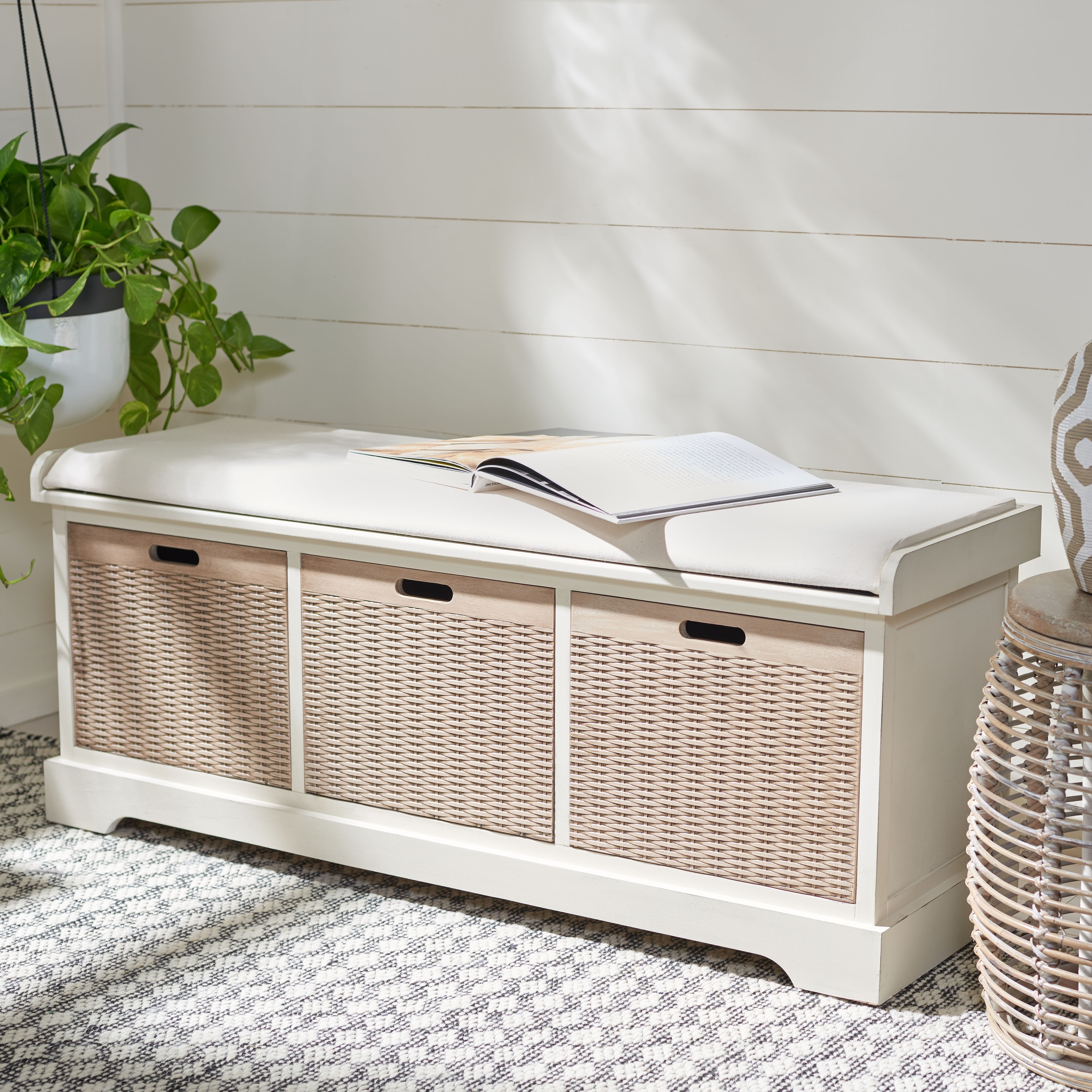 Indoor wicker top storage bench