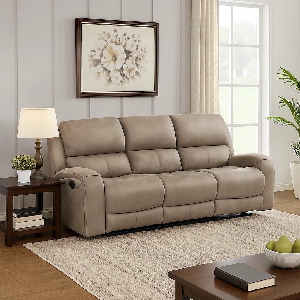 Patsy 85 Inch Manual Double Recliner Sofa, Brown Tufted Back Microfiber