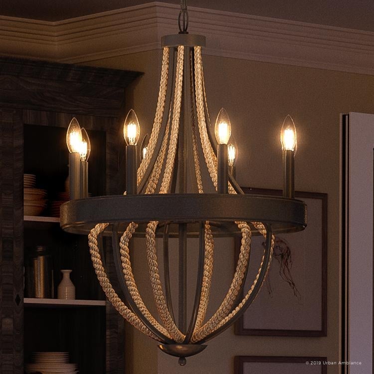 Luxury Farmhouse Chandelier, 32"H x 23"W, with Braided Rope Style, Rope and Black Silk Finish by Urban Ambiance (60 to 100 Watts - Steel - N/A - 7 to - Chandeliers For Bedrooms by Overstock.com