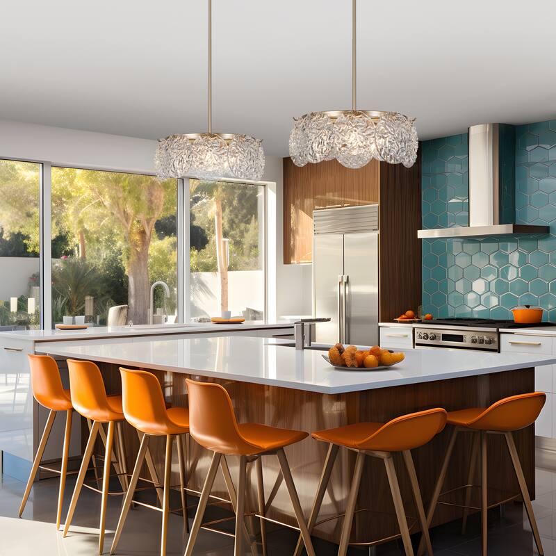 Modern Gold 5-Light Drum Chandelier Art Glass Pendant Lights for Dining Room - 18" D x 8" H