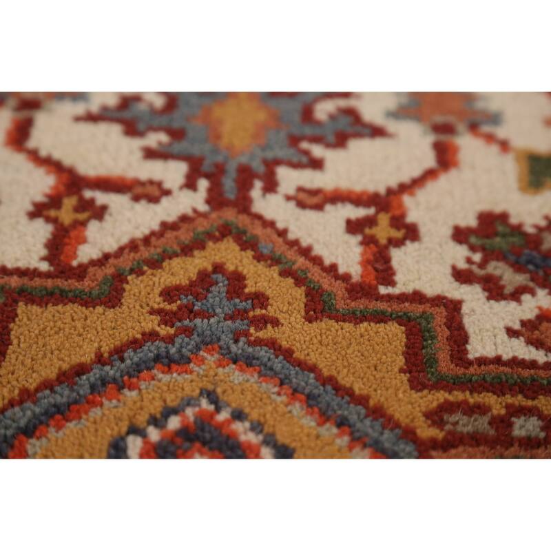 Traditional Heriz Serapi Runner Rug Hand-Knotted Beige Wool Carpet - 2'6" x 14'0"