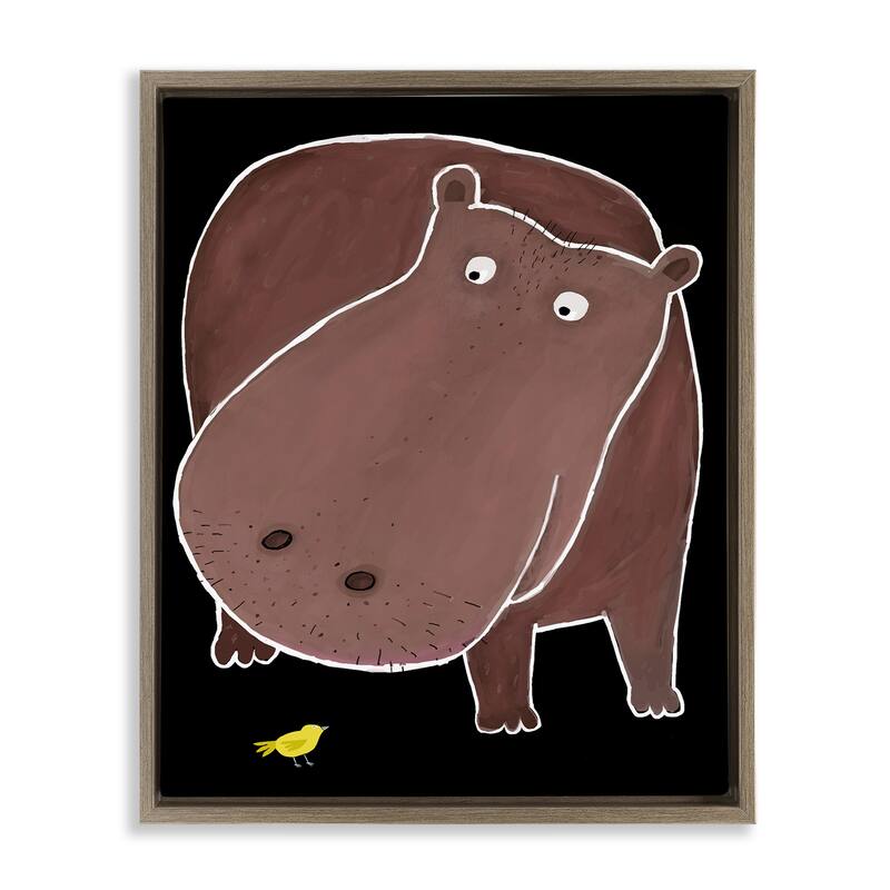 Stupell Hippo & Bird on Black Framed Floater Canvas Wall Art Design By Carla Daly - 17 x 21 - Brown