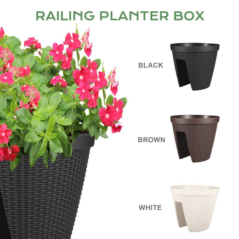 Aoodor 12'' Balcony Rattan Pattern Railing Planter Box with Drainage Holes and Adjustable Brackets - Set of 4 - 12''×11''