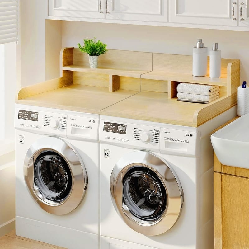 2-Tier Washer Dryer Countertop, 54" W x 27.5" D Laundry Countertop for Folding Clothes, Dual Storage & Edge Guard