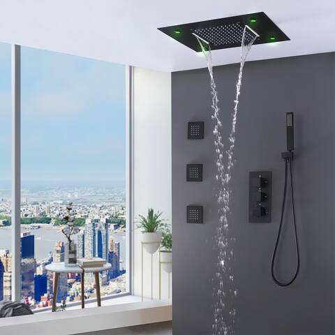 Ceiling LED 4-Way 3-Jet Complete Rain and Waterfall Shower System With Rough-in Valve