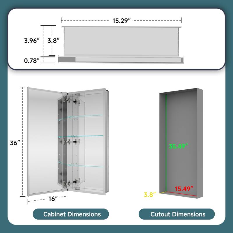 16x36" Tri-View Mirrored Medicine Cabinet with Soft-Close Blum Hinges, Reversible Door, Recessed/Surface Mount, Aluminum Body