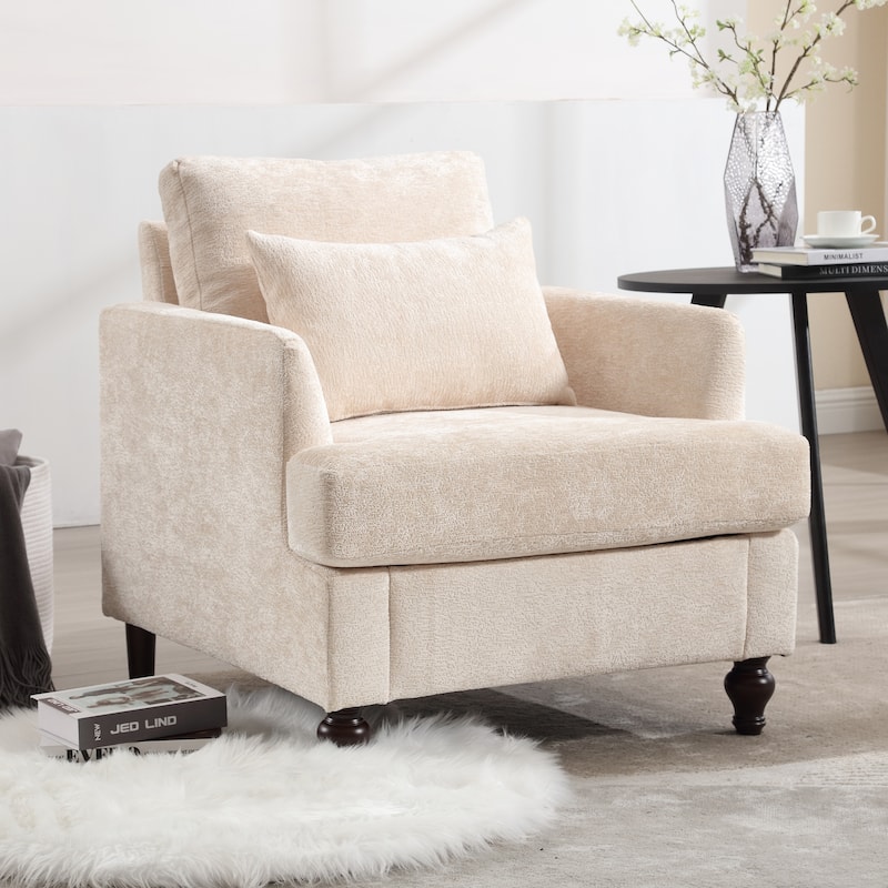 HOMEFUN Chenille Upholstered Mid Century Modern Wood Frame Armchair for Living Room - Beige
