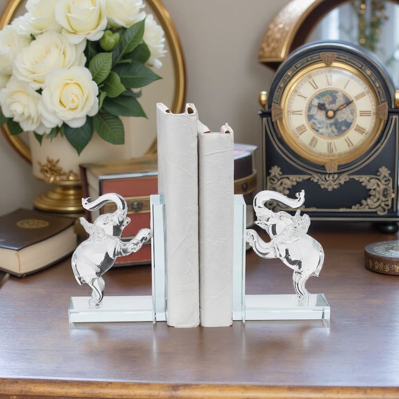 Set of 2 Clear Frosted Elephant Bookends - Contemporary Crystal 5" Standing Elephant Bookends For Home or Office Book