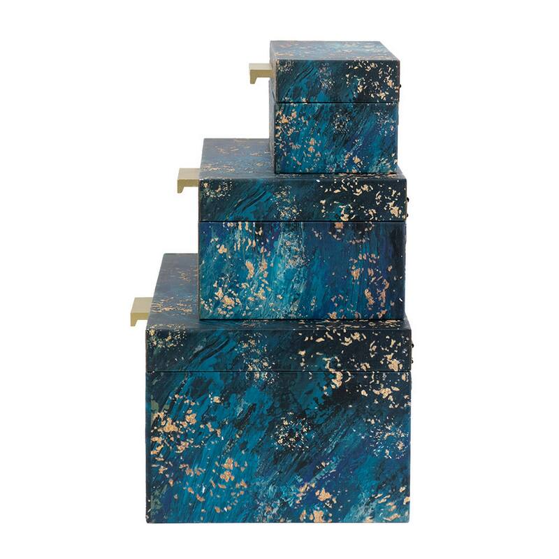 Set of 3 Decorative Rectangular Storage Boxes, Gold Handles, Blue Design