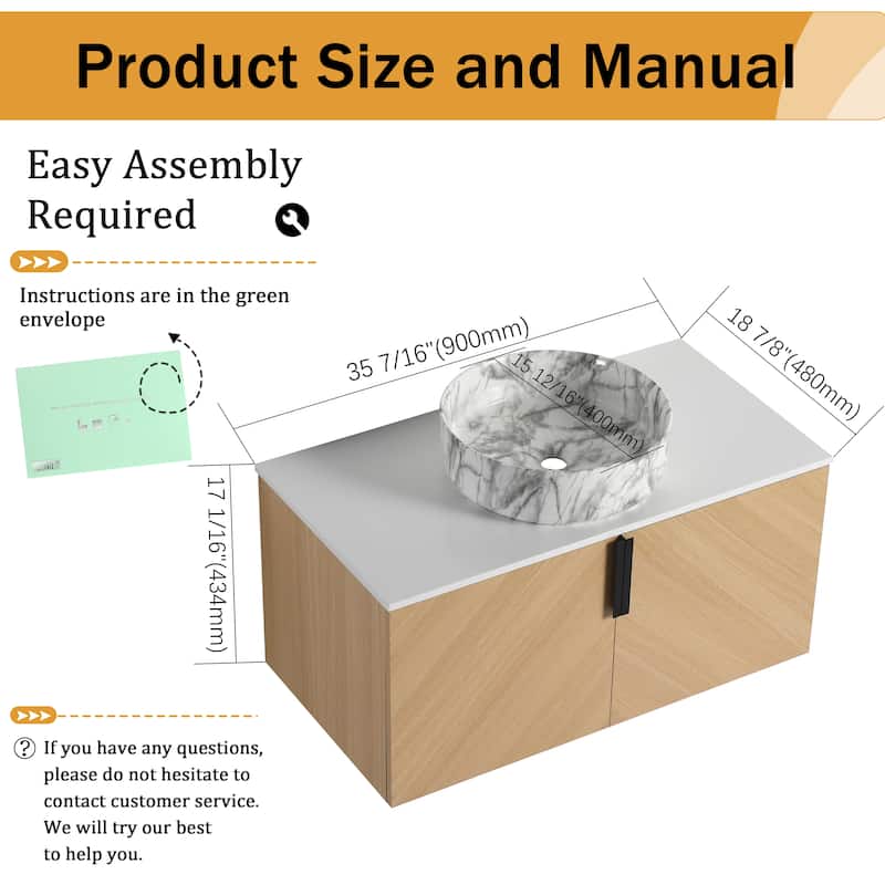 Malwee 30"/36" Floating Bathroom Vanity, Wall Mounted Bathroom Vanity with Ceramic Sink and Soft Close Door