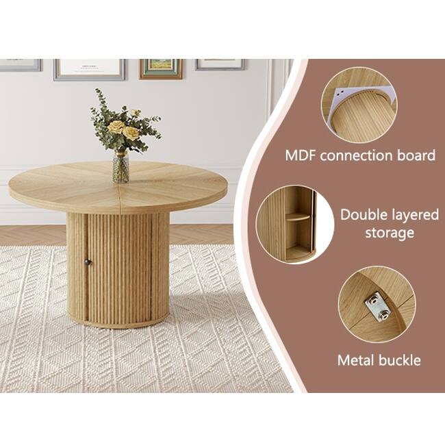 ‌47.2" Round Wood-Grain Dining Table - Double-Tier Storage & Roman Column Base, Timeless Elegance‌.
