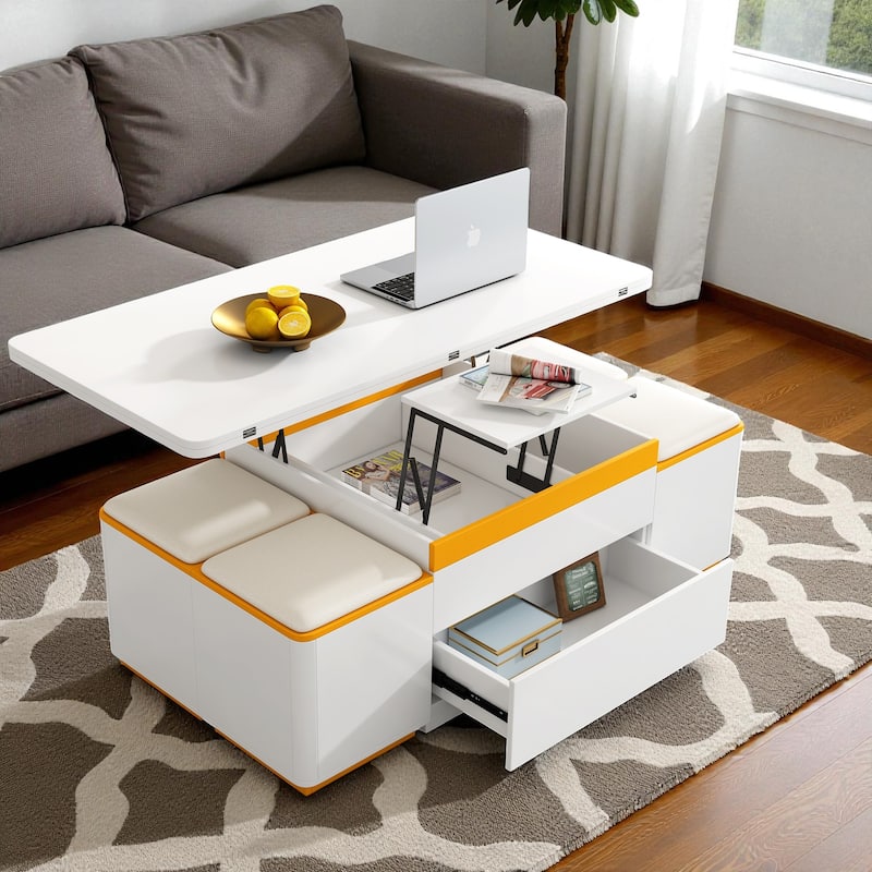 47.2'' Lift-Top Coffee Table with 4 Storage Stools, Foldable Dining Table, Multi-Functional Center Table for Living Room - White