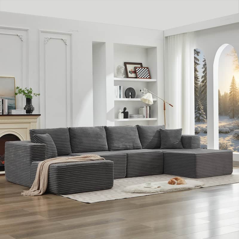 106" Corduroy Upholstery L-Shaped Cloud Modular Sectional Sofa with Chaise and Pillows, All-Foam Compression Design
