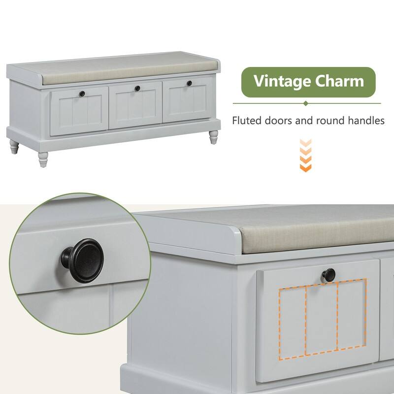 Classic Shoe Bench with Cushion and Three Drawers, Fluted Entryway Bench with Storage for Living Room