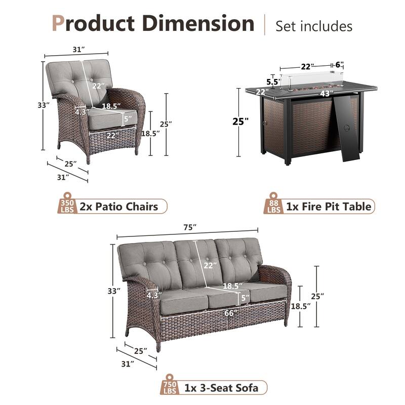 Pocassy Outdoor 43 In Fire Table with Sofa Patio Swivel Chair Set