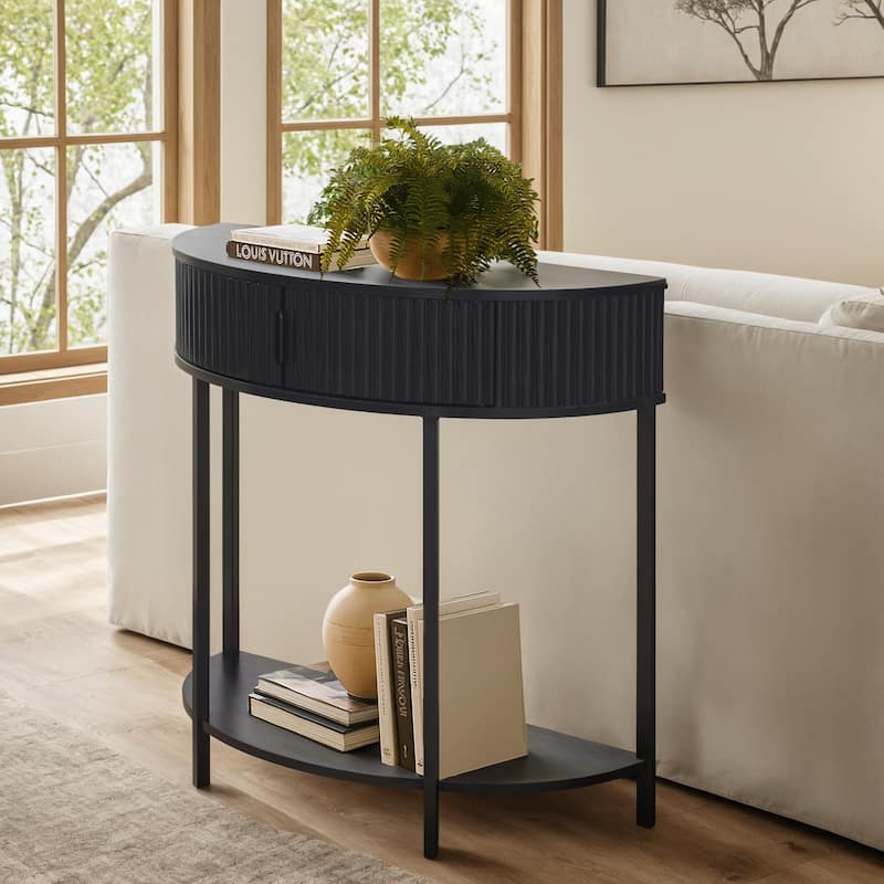 Half Moon Console Table with Drawer Storage, Narrow Entryway Table with Hidden Cabinet and Shelf for Living Room Hallway