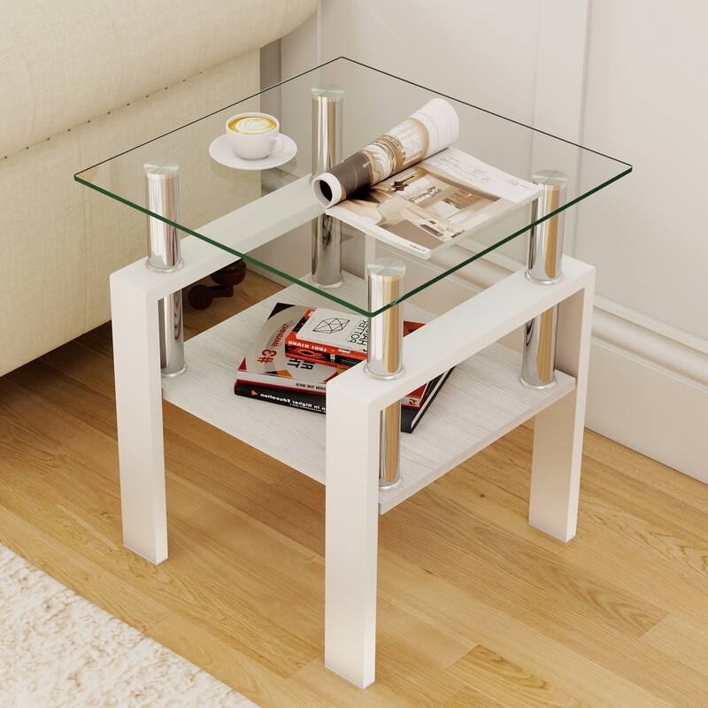 Set of 2 Modern Transparent Tempered Glass Tea Table