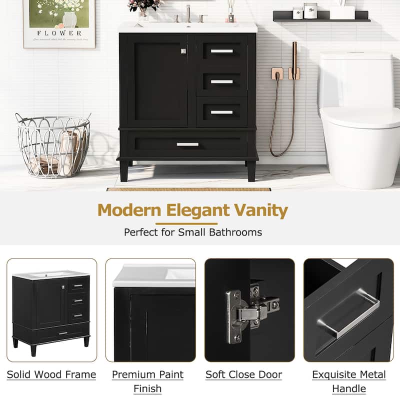 Modern Bathroom Vanity, 30" Freestanding Cabinet with Sink, Bathroom Storage Cabinet with Soft Closing Door and 3 Drawers