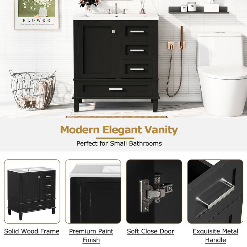 Single Sink Bathroom Vanity Cabinet, Vanity Base & Ceramic Sink Combo Set, 3 Drawers Bathroom Storage Cabinet, 30 Inch