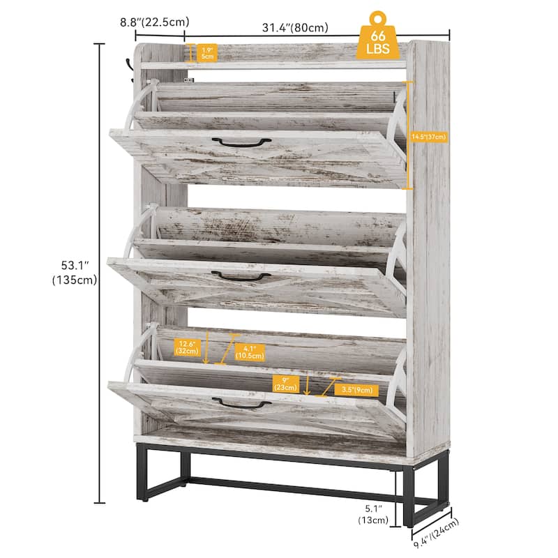 Moasis Farmhouse Flip Shoe Cabinet Shoe Storage Cabinet with 3 Flip Doors Adjustable Shelf - 31.4"L x 8.8"W x 53.1"H - Retro White