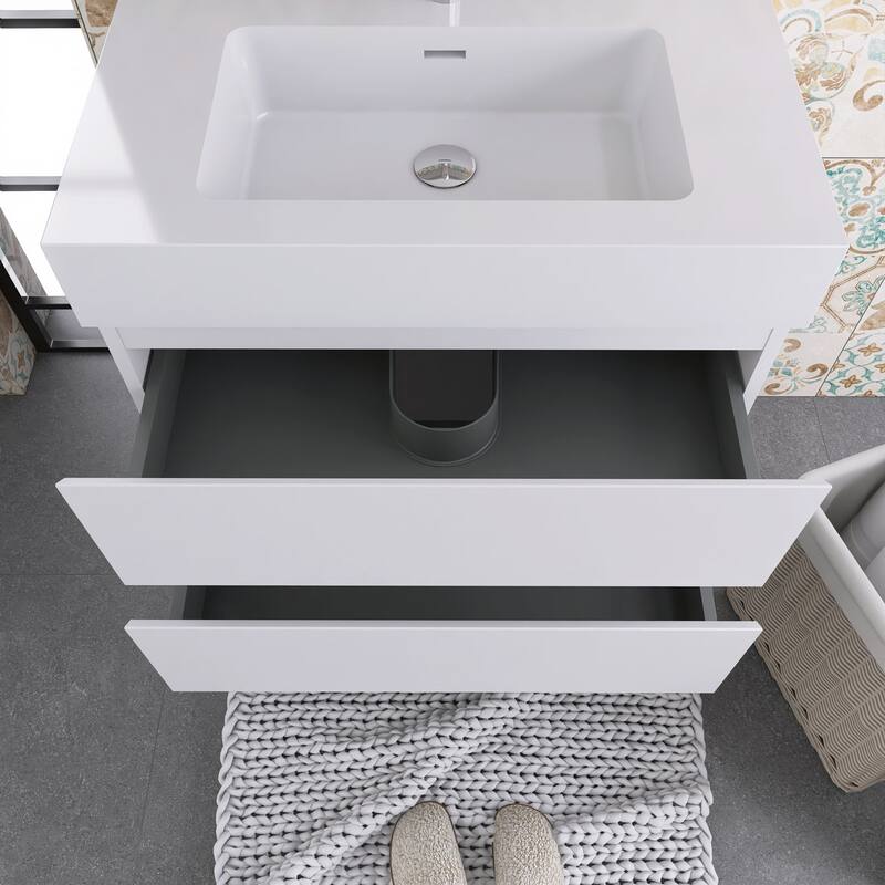 Wood Wall-Mounted Bathroom Vanity Set with White Integrated Resin Sink