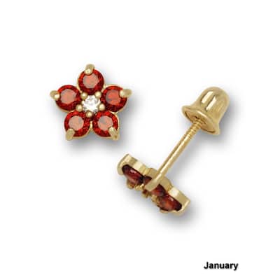 14K Yellow Gold Cubic Zircornia Small Flower Birthstone Screw-back Stud Earrings (12 colors) (5mm)