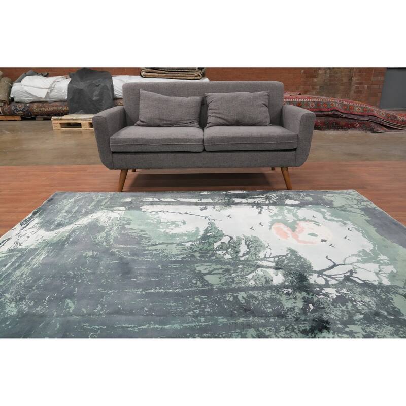 Hand Knotted Oriental Viscose Silk Carpet Modern Pictorial Green Abstract Area Rug - 7' 10'' X 5' 9''