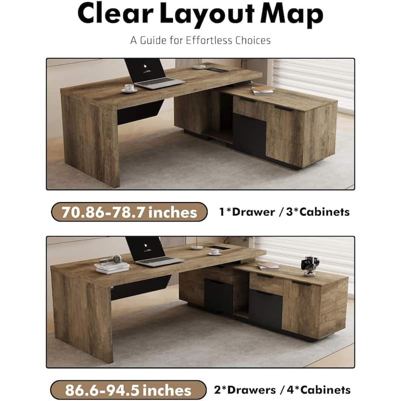 WESOME Retractable L-Shaped Executive Desk with Cable Management Drawers and Lateral File Cabinet