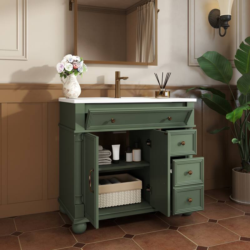 35.6-Inch Mid-Century Bathroom Vanity Sink with Roman Column Base, Farmhouse Freestanding Vanity Cabinet