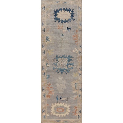 Hand Knotted Oriental 100% Wool Carpet Transitional All-Over Greys & Charcoal Oushak Runner Rug - 11' 6'' X 2' 9''