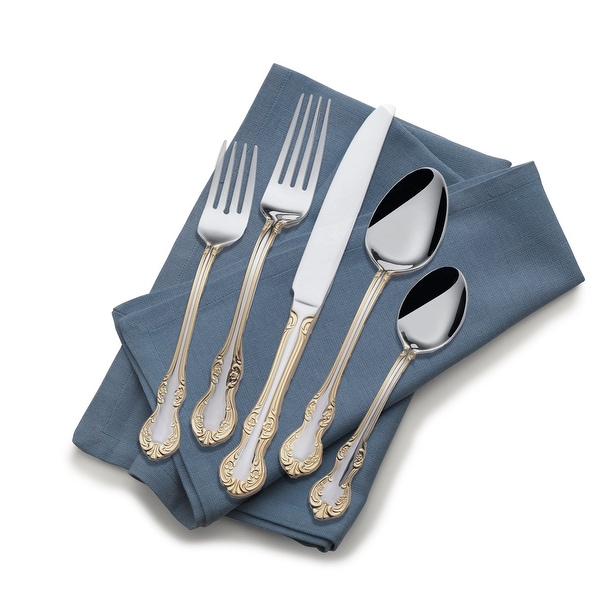 St. James Gold Accent Camden 18/10 Stainless Steel 80 piece Flatware Set. Opens flyout.