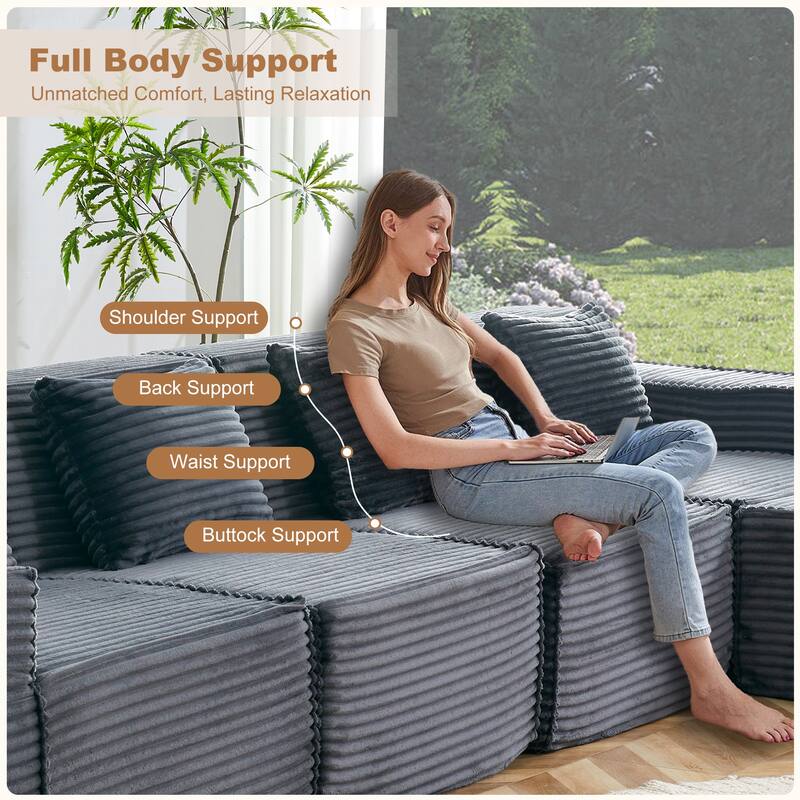 L-Shaped Modular Sectional Sofa with Ottoman, Striped Corduroy Deep Seat Cloud Couch, Large 4-Seat Corner Sofa