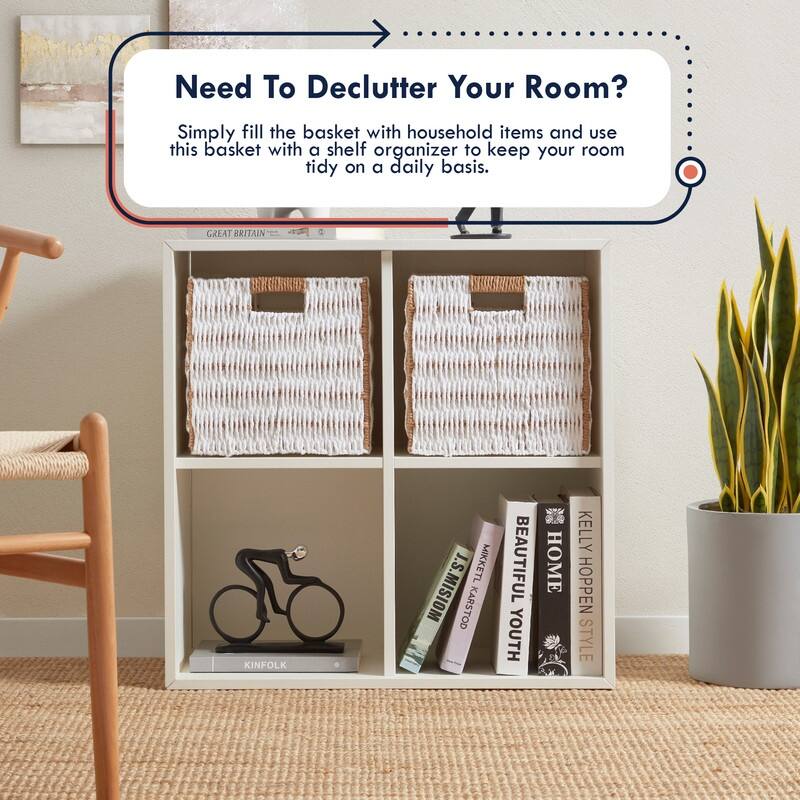 Handwoven Paper Wicker Storage Bins – Set of 6 Collapsible 13x13" Cube Baskets with Handles - 6 Pack