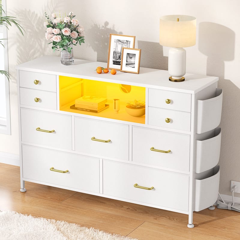 9 Drawer Dresser TV Stand with Power Outlets LED Lights Fabric Chest of Drawers