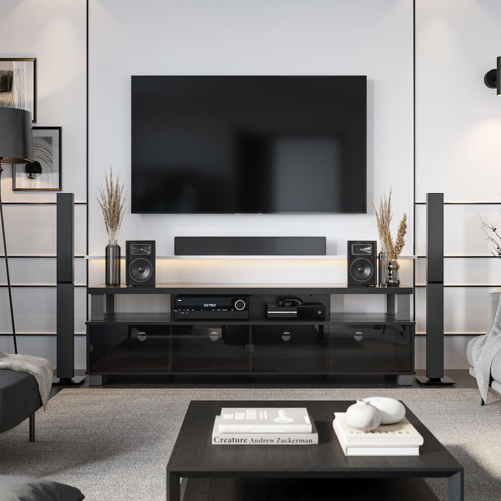 Extra-Wide TV Stand with Open and Closed Glass Storage, for TVs up to 95-Inches