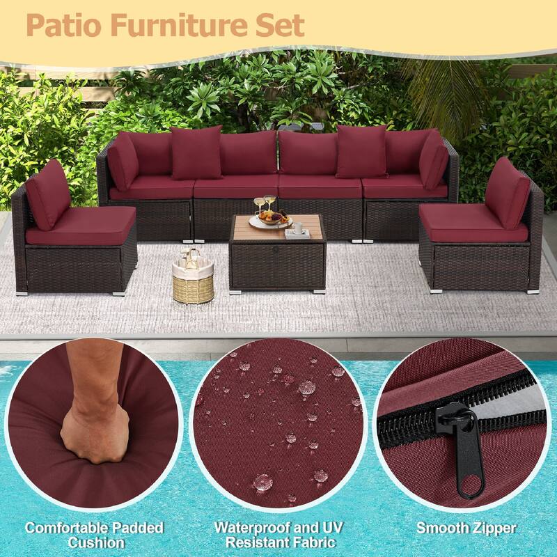 EROMMY 6/7 Piece Modular Outdoor Rattan Sofa Set, All-Weather Wicker Patio Furniture with Storage Table, Cushions & Pillows