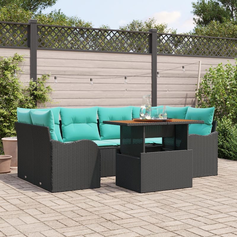 vidaXL 7 Piece Garden Sofa Set with Cushions Black Poly Rattan Acacia - 92.1 x 48.2 x 27.2