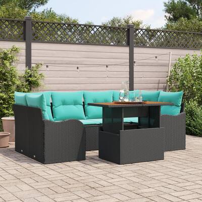 vidaXL 7 Piece Garden Sofa Set with Cushions Black Poly Rattan Acacia - 92.1 x 48.2 x 27.2