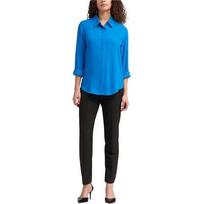 DKNY Womens Foundation Button Up Shirt, Blue, X-Small