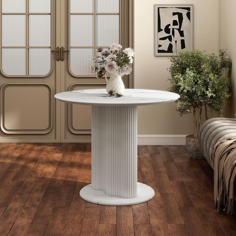 Furniture of America Astra Modern Wood Round Dining Table with Fluted Base - White With Faux Marble Veneer
