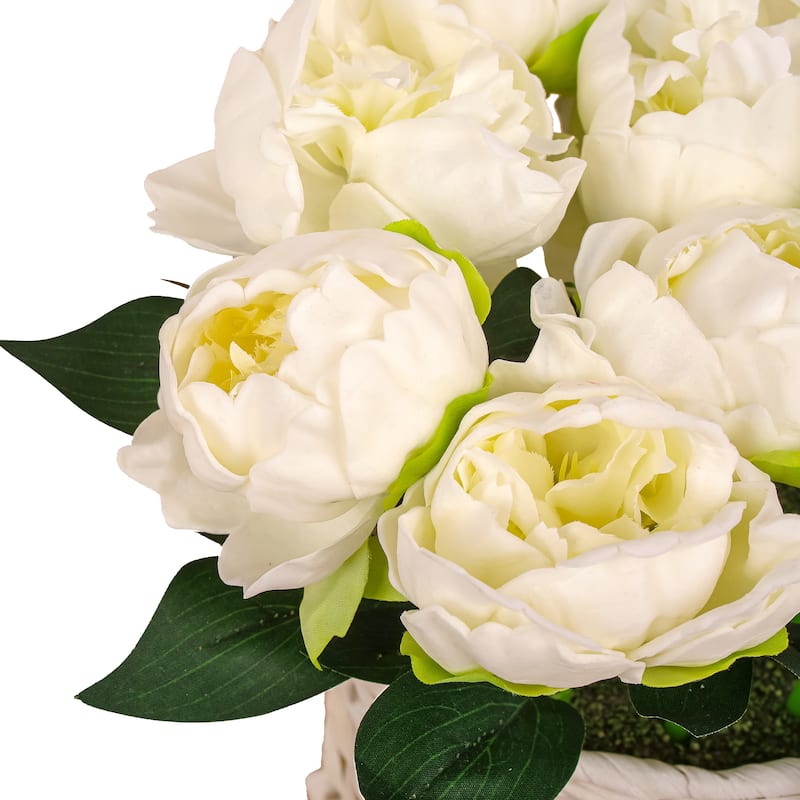National Tree Company 10 in. White Peony Flower Bouquet in White Basket - 10 in
