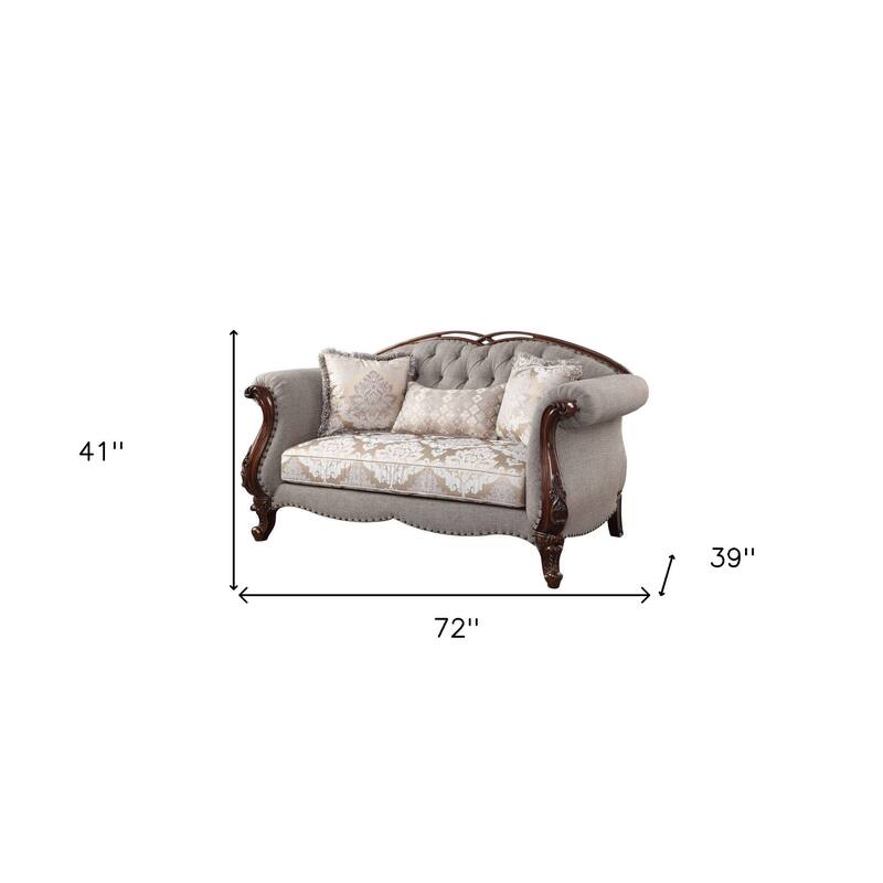 HomeRoots 72" Beige And Dark Brown Linen Loveseat and Toss Pillows