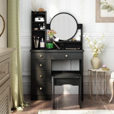 Timechee Makeup Vanity Set with Round Mirror, Drawers & Shelves - White - 31.5''L x 15.7''W x 52''H