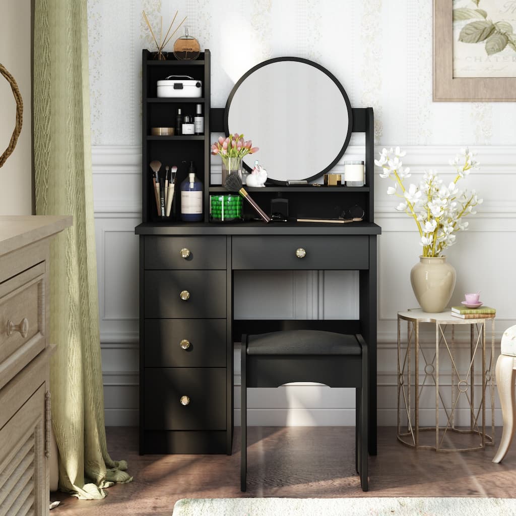 Timechee Makeup Vanity Set with Round Mirror, Drawers & Shelves - White - 31.5''L x 15.7''W x 52''H