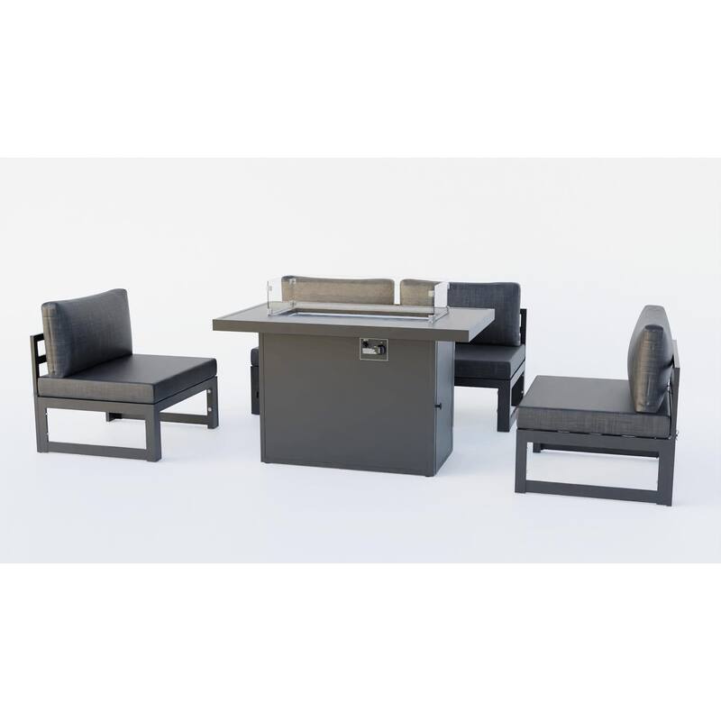 LeisureMod Chelsea 5-Piece Outdoor Patio Chairs and Fire Pit Table Set - Black