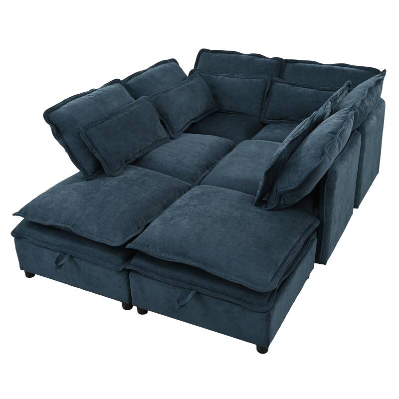 Double-Layer Cushion Modular Sofa with Storage Seat, 6-Seater Sectional Sofa for Livingroom Polyester Convertible Sofa Bed